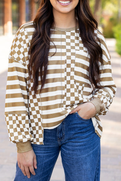 Trendy Women's Khaki Checkerboard Patchwork Blouse with Lantern Sleeves and Pockets for Effortless Style