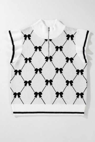 Women's Black Bow Print Zipped Collar Sweater Tee - Preppy Style, Comfortable Fit, Trendy Top for Casual Outings