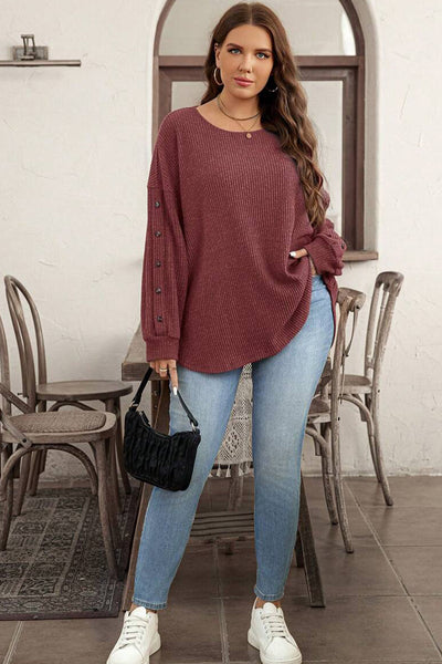 Plus Size Women's Vibrant Wild Ginger Ribbed Long Sleeve Top with Buttons - Casual Loose Fit for Effortless Style