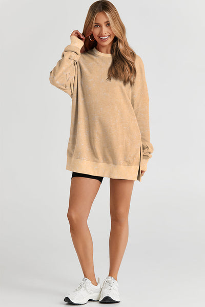 Casual Women's Oversized Khaki Sweatshirt with Drop Shoulders & Ribbed Trim for Effortless Comfort and Chic Style