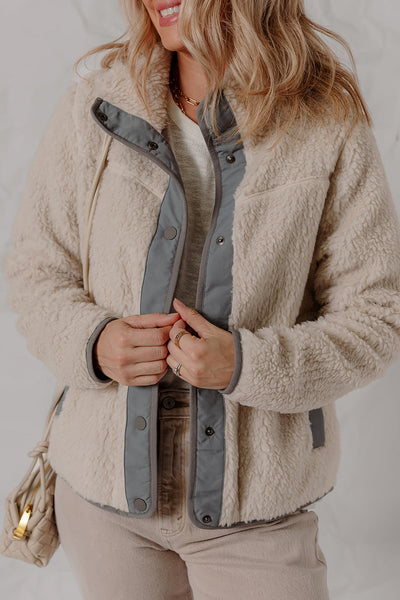 Cozy Women's Oatmeal Sherpa Fleece Winter Jacket with Snap Buttons & Contrast Trim for Ultimate Warmth and Style