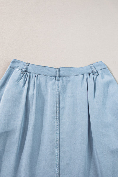 Women's Cotton-Linen Button-Front A-Line Maxi Skirt in Chambray