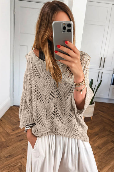 Women's Relaxed Fit Crochet Sweater in Soft Beige - Trendy Hollow Out Knit Top for Spring and Summer Fashion