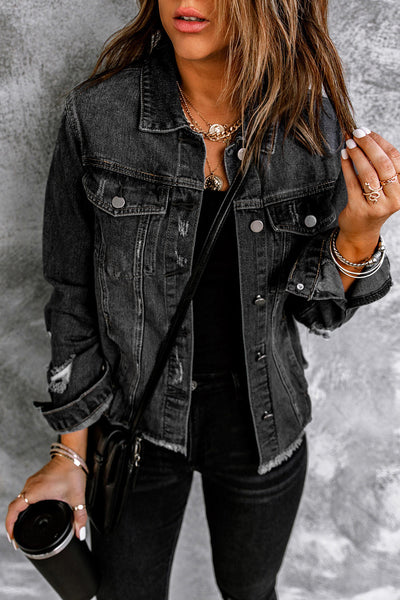 Women's Black Distressed Denim Jacket with Raw Hem and Lapel