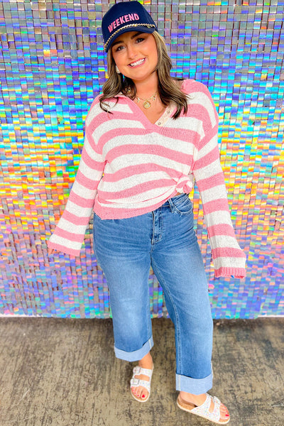 Plus Size Women's Lightweight Pink Striped Lace V-Neck Sweater with Button Details for Chic Comfort and Style