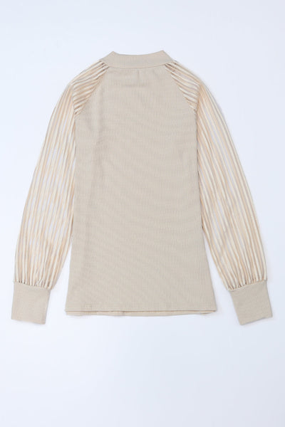 Women's Lightweight Apricot Striped Long Sleeve Ribbed Crewneck Top - Casual Everyday Wear for Effortless Comfort