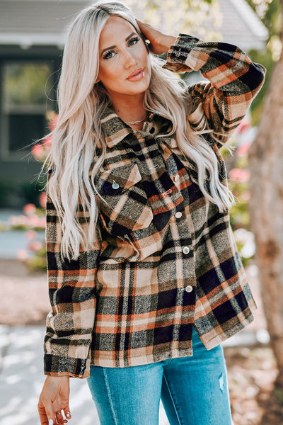 Trendy Women's Orange Geometric Plaid Shacket with Pockets - Perfect Layering Jacket for Casual Chic Looks