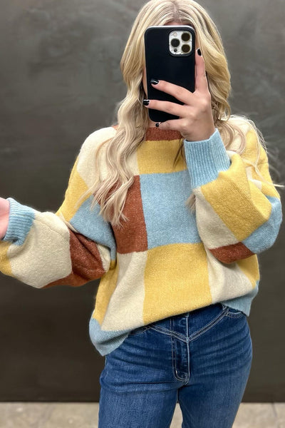 Women's Cozy Yellow Plaid Color Block Sweater - Casual Chic Knit Top for Stylish Fall Outings