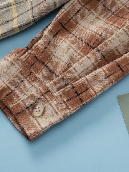 Rustic Brown Patchwork Plaid Shacket with Raw Edge Finishing
