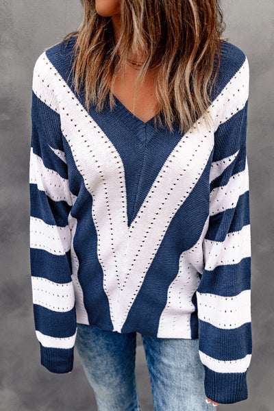 Cozy Women's Blue Striped Colorblock V-Neck Knit Sweater Perfect for Casual Chic Looks and Everyday Comfort