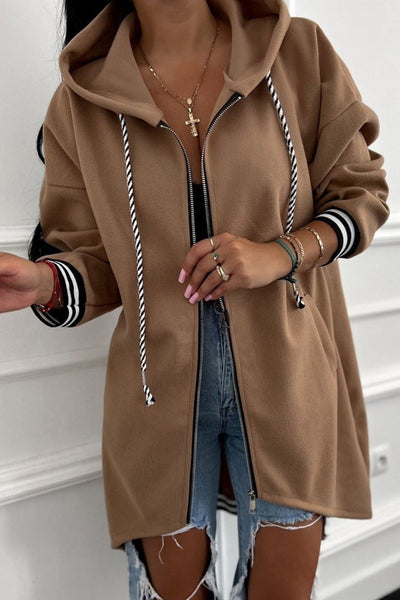 Stylish Women's Dark Khaki Cuffed Zip-Up Hoodie with Drawstring - Cozy Casual Sweatshirt for Everyday Wear