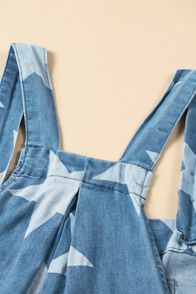 Women's Star Print Buttoned Strap Pleat Wide Leg Denim Overall