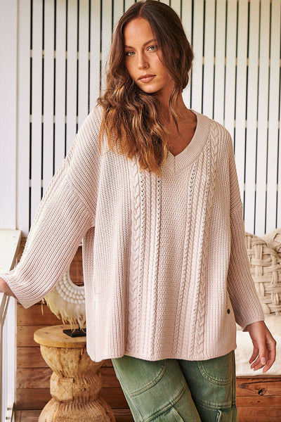 Effortless Casual Grey Oversized V-Neck Cable Knit Sweater for Women with Side Slits - Cozy Style Must-Have