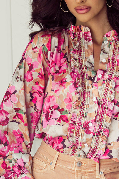 Stylish Women's Red Floral Ruffled Button-Up Shirt - Loose Fit, Perfect for Summer Casual Wear and Comfort