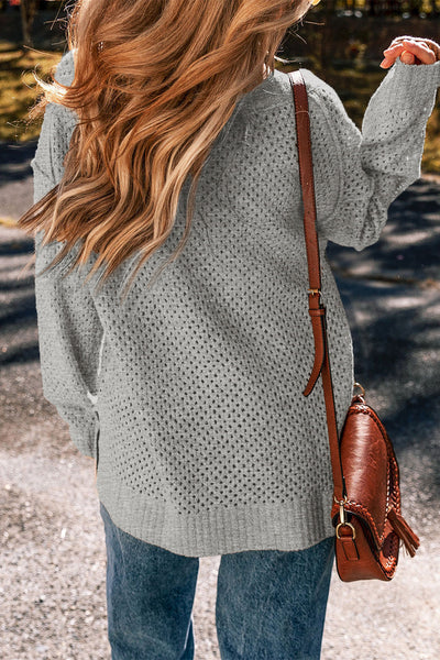 Trendy Light Grey Loose-Fit Eyelet V-Neck Sweater for Women with Drop Shoulder Design for Effortless Chic Style