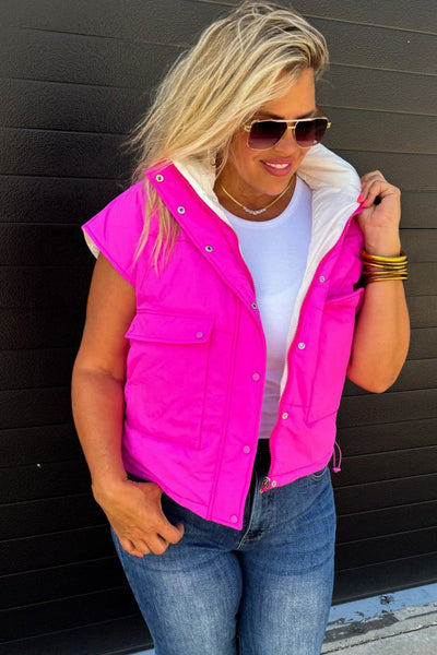 Cozy Women's White Color Block Winter Vest with Snap Button & Zip Closure - Trendy Patchwork Layering Essential