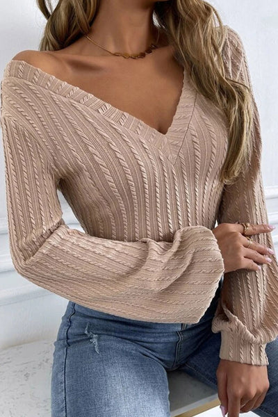 Chic Women's Khaki Knitted Jacquard V-Neck Top with Lantern Sleeves - Stylish & Comfortable for Everyday Wear