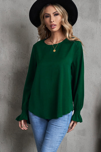 Women's Hunter Green Smocked Cuff Blouse with Bubble Sleeves
