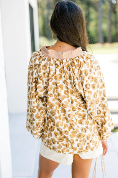 Chic Women's Khaki Leopard Print Blouse with Contrast Trim, Button Neck, and Long Puff Sleeves for Effortless Style