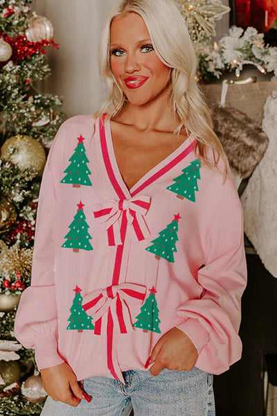 Cozy Women's Pink Striped V-Neck Sweater with Christmas Tree Print & Bow Detail - Baggy Fit for Festive Holiday Style