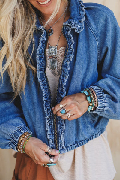 Stylish Women's Real Teal Denim Jacket with Frilled Trim, Zip-Up Closure, and Elastic Cuffs for a Casual Chic Look
