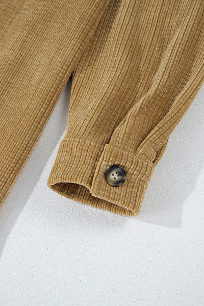 Stylish Women's Light Beige Corduroy Shacket with Patched Pockets - Chic Button-Up Jacket for Effortless Casual Outfits