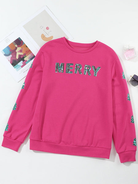 Sequin Merry Christmas Pink Patchwork Sweatshirt with Strawberry Tree Details