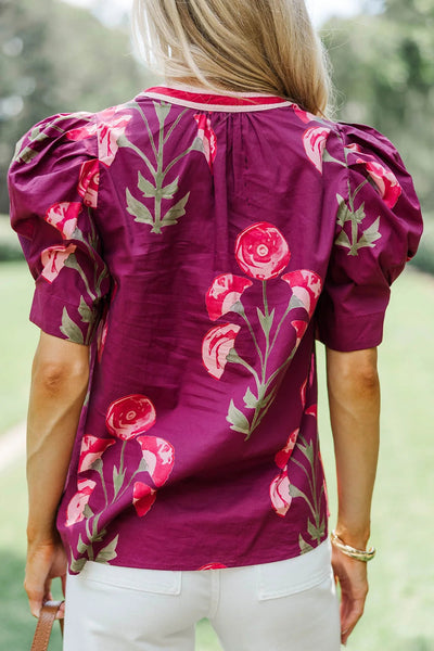 Stylish Women's Red Floral V-Neck Blouse with Short Puff Sleeves & Stripes - Perfect for Casual Outings