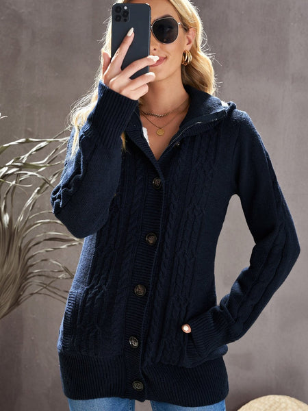 Navy Blue Cable Knit Faux Fur-Lined Hooded Sweater Coat