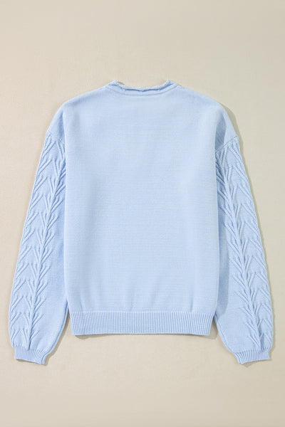 Women's Cozy Beau Blue Floral Knit Sweater with Notched Neck Stylish, Versatile Fashion for All Seasons