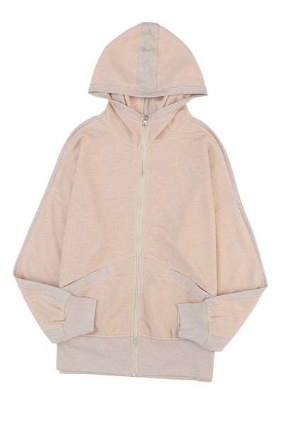 Plus Size Casual Coat, Women's Plus Colorblock Double Zip Up Long Sleeve Drawstring Nipped Waist Ruched Hooded Coat