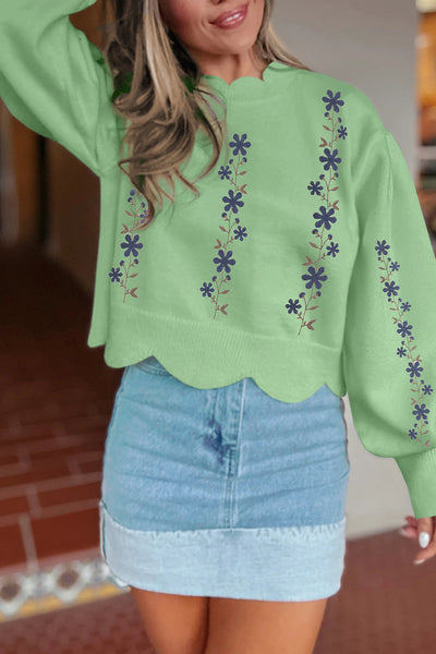 Women's Light Green Floral Embroidered Cropped Sweater - Chic Spring Knitwear with Scallop Hem for Casual Outings