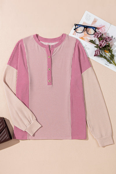 Women's Pink Ribbed Colorblock Henley Pullover with Half-Placket