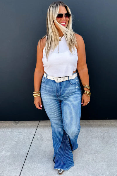 Trendy Women's Sky Blue Striped High-Waisted Flared Jeans with Raw Hem & Split Leg Design for a Chic Look