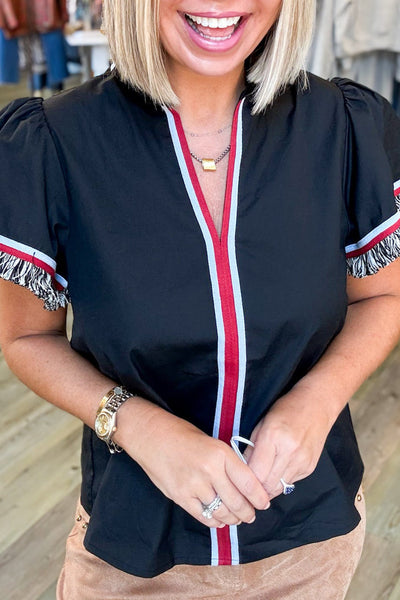 Chic Women's Black V-Neck Short Sleeve Fringe Top with Striped Trim - Stylish Blouse for Effortless Everyday Wear