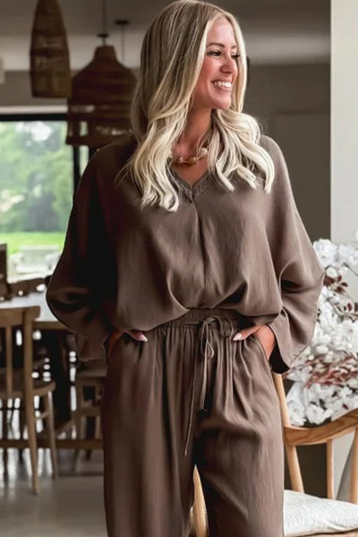 Women's Dark Khaki Oversized V-Neck Top & Drawstring Loose Pants Set with Braided Trim Stylish 2-Piece Outfit