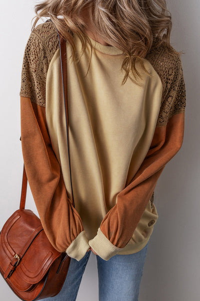 Trendy Women's Khaki Colorblock Sweatshirt with Lace Patchwork Drop Shoulder Style for Ultimate Comfort and Fashion