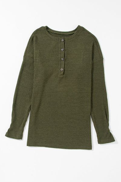 Women's Jungle Green Ribbed Henley Top - Chic & Comfy Knit Shirt for Casual Outings and Everyday Style