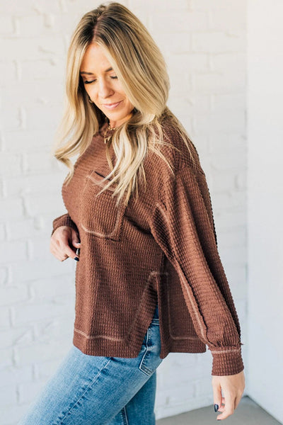 Women's Loose Fit Coffee Thermal Long Sleeve Top with Textured Seams & Patchwork Design - Stylish Casual Wear