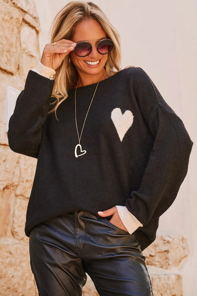 Women's Cozy Black Heart Sweater with Contrast Cuffs, Relaxed Fit for Casual Outings and Stylish Layering