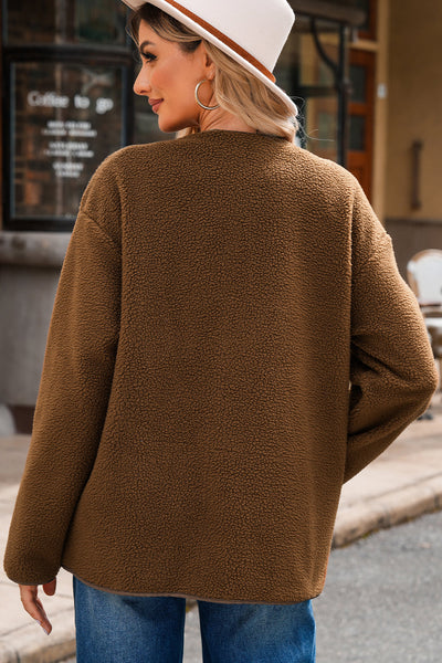 Women's Coffee Brown Textured Teddy Coat with Toggle Closure