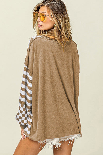 Trendy Women's Khaki Checkerboard Patchwork Blouse with Lantern Sleeves and Pockets for Effortless Style