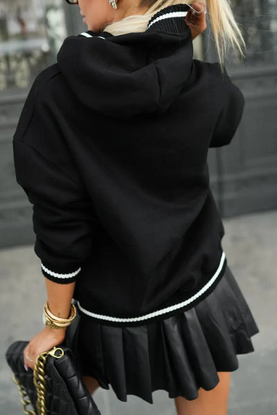Women's Black Preppy Casual Hoodie with Varsity Stripes & Ribbed Details for Cozy Everyday Style