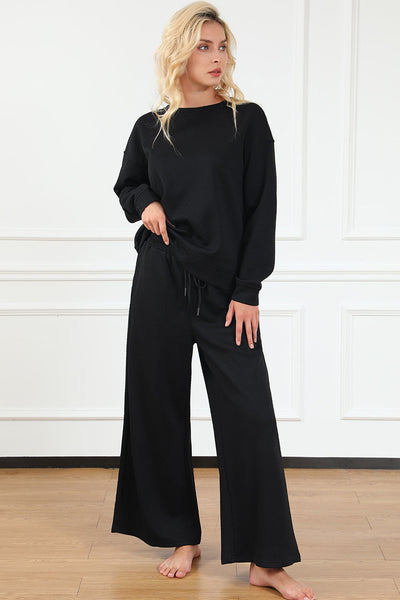 Women's Black Ultra Loose Textured 2-Piece Lounge Set - Cozy Slouchy Casual Outfit for Effortless Everyday Style