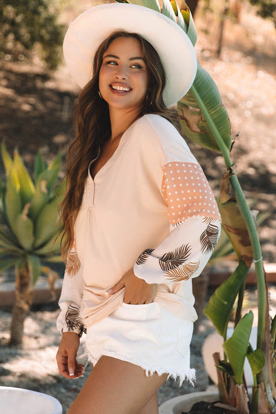 Tropical Palm Print Puff Sleeve V-Neck Blouse for Women Loose-Fit, Stylish Patchwork in Jet Stream Colors