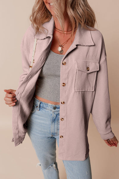 Trendy Women's Light Pink Corduroy Shacket with Flap Pockets and Button Closure - Stylish Layering Essential