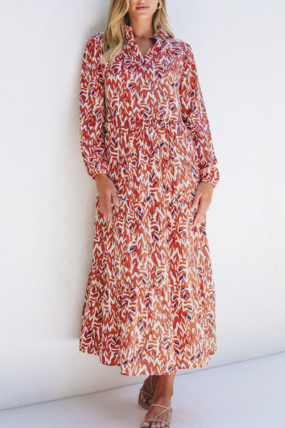 Chic Women's High Waist Midi Dress in Orange Abstract Print with V-Neck - Trendy Summer Style for Effortless Elegance