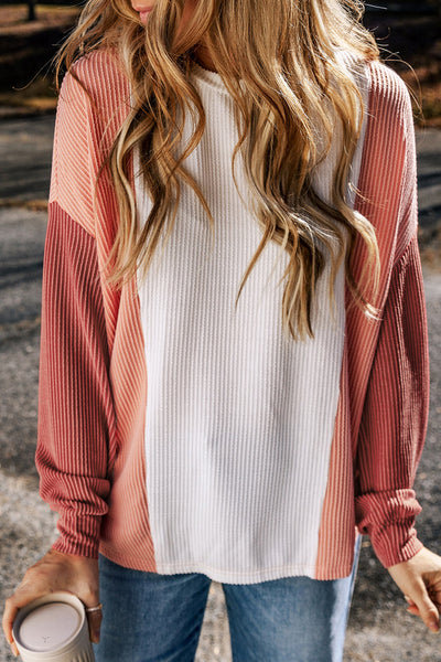 Women's Pale Chestnut Ribbed Color Block Long Sleeve Top made for easy styling and wardrobe coordination, with premium-like structure and finish.