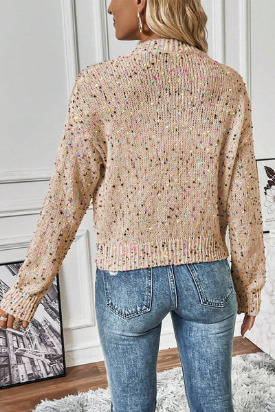 Trendy Women's Apricot Rhinestone Cardigan Sweater with Colorful Confetti - Chic, Comfortable Fit for Any Occasion