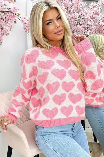 Women's Strawberry Pink Heart Print Knit Sweater | Drop Shoulder Top